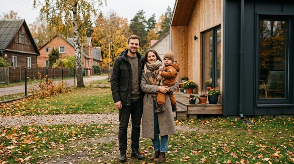 Šeima prie namo, kuris gali būti užstatas